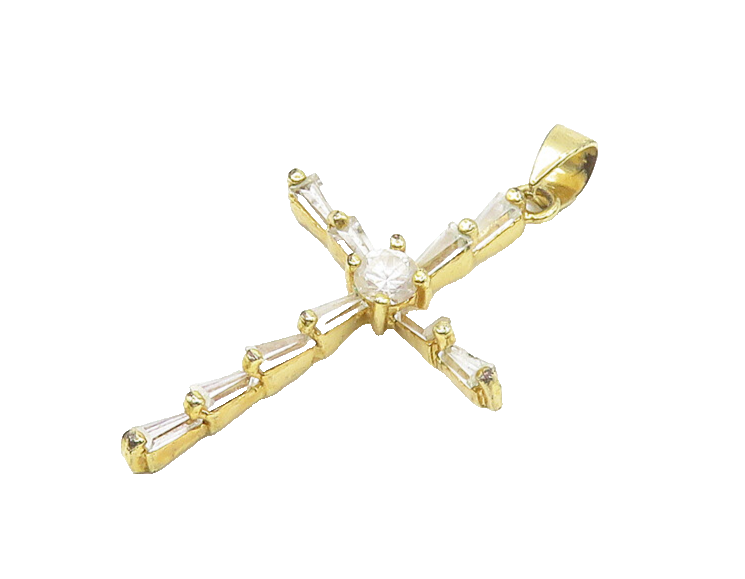 925 Sterling Silver  Topaz Shiny Gold Plated Religious Cross Pendant  PT13863
