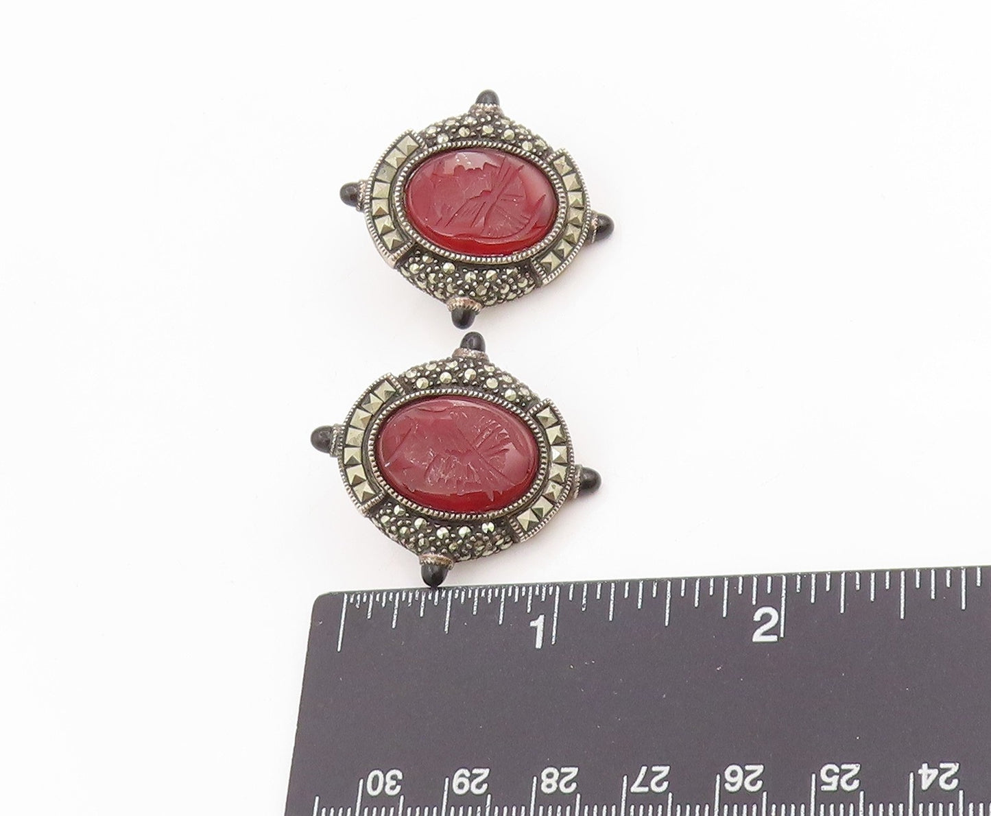 925 Sterling Silver Vintage Earrings JUDITH JACK Carved Carnelian Cuffs  EG13716