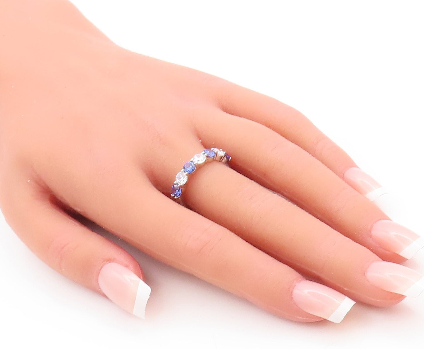 925 Sterling Silver Vintage Ring Round Cut Blue & White CZ Band  Sz 7  RG29799