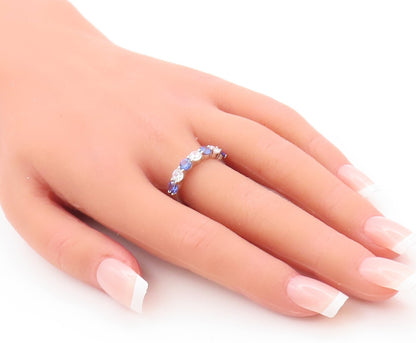 925 Sterling Silver Vintage Ring Round Cut Blue & White CZ Band  Sz 7  RG29799