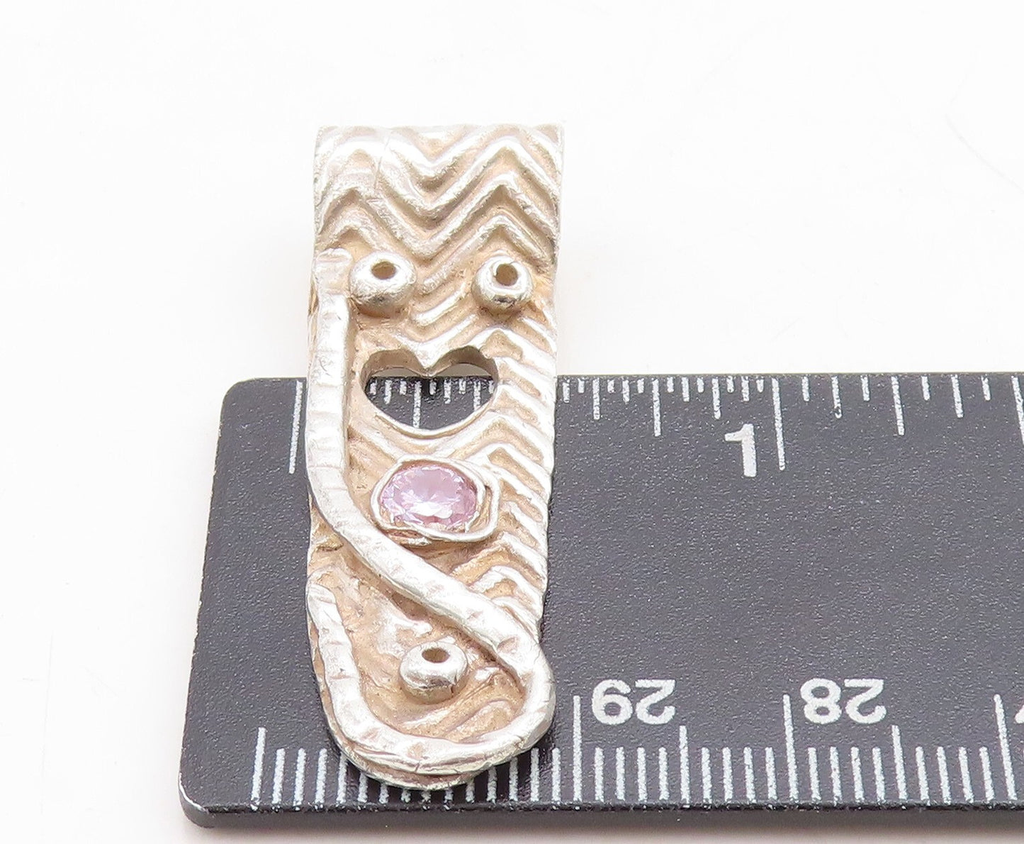925 Sterling Silver Vintage Pendant Brutalist Design Cutout Heart & CZ  PT23709