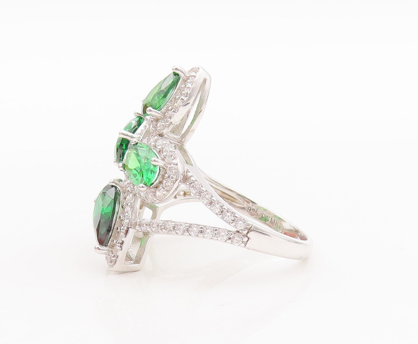 925 Sterling Silver Vintage Ring Drop Oval Cut Green Halo White CZ  Sz 7 RG29350