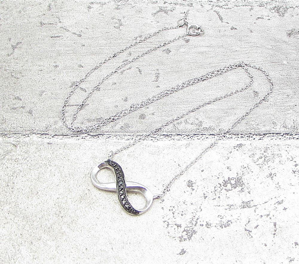 925 Sterling Silver  Genuine Black Diamond Infinity Chain Necklace  PT1355
