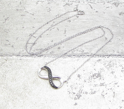 925 Sterling Silver  Genuine Black Diamond Infinity Chain Necklace  PT1355