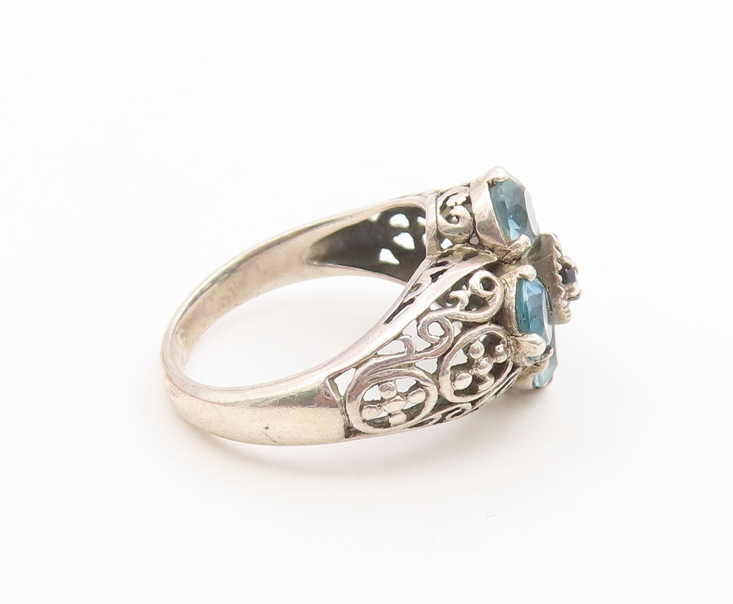 925 Sterling Silver Vintage Ring Sapphire & Aquamarine Floral Band Sz 7 RG36789