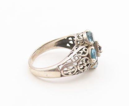 925 Sterling Silver Vintage Ring Sapphire & Aquamarine Floral Band Sz 7 RG36789