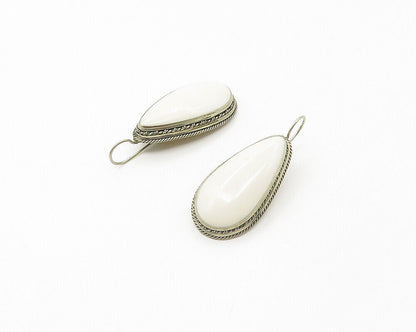 925 Sterling Silver  Vintage Cabochon Cut White Onyx Drop Earrings  EG8884