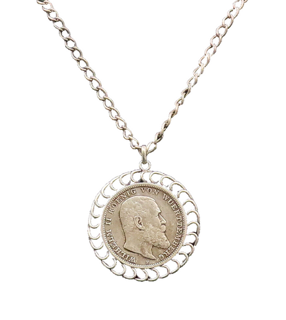925 Sterling Silver  Vintage German Antique Coin Halo Spiral Necklace  NE4121