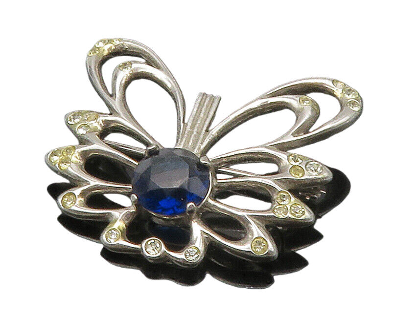 925 Sterling Silver Vintage Blue & White Topaz Shiny Butterfly Brooch Pin BP6447