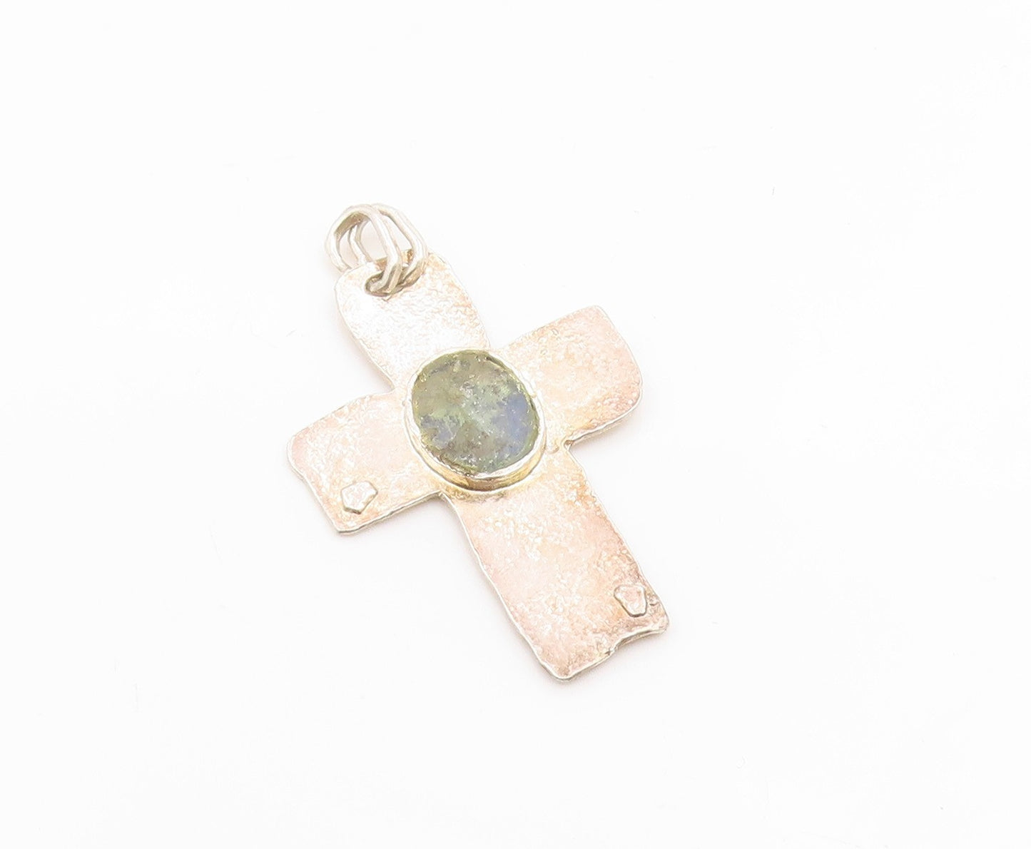 925 Sterling Silver Vintage Pendant ISRAEL Roman Glass Religious Cross  PT25903