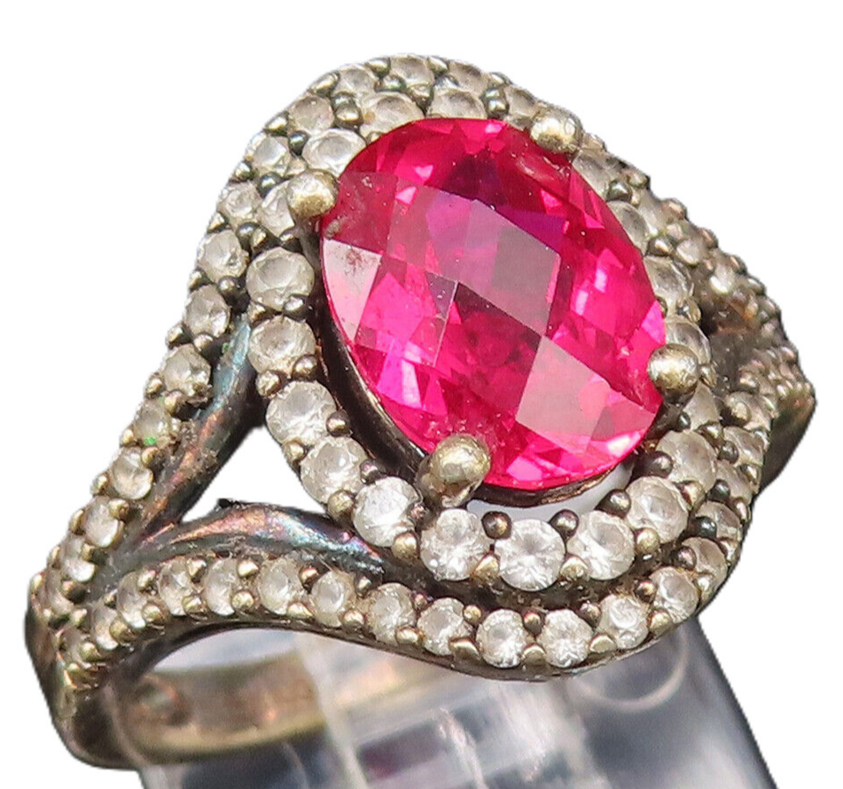 925 Sterling Silver  Vintage Fancy Red & White Topaz Halo Ring Sz 6  RG25891