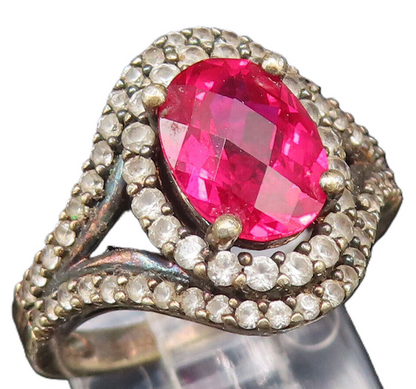 925 Sterling Silver  Vintage Fancy Red & White Topaz Halo Ring Sz 6  RG25891