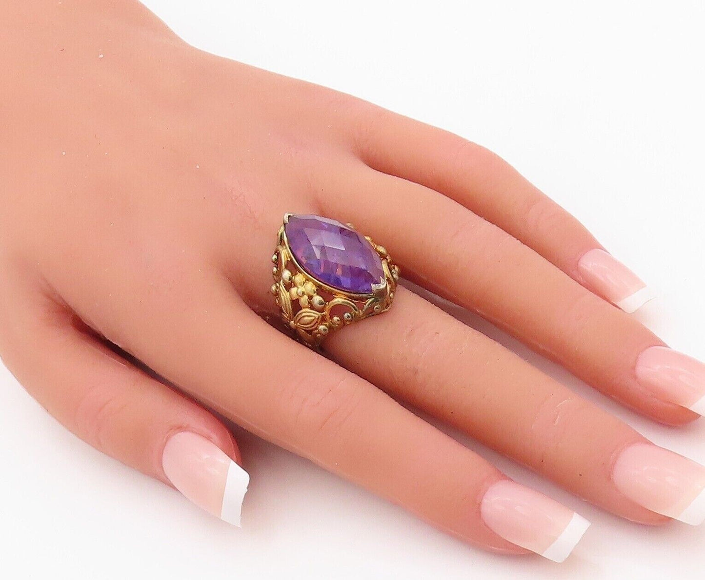 925 Sterling Silver Vintage Ring Gold Plated Floral Carved Amethyst Sz 7 RG29968