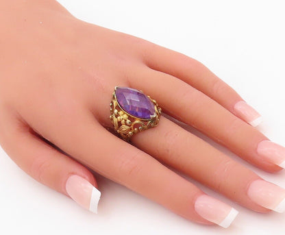 925 Sterling Silver Vintage Ring Gold Plated Floral Carved Amethyst Sz 7 RG29968