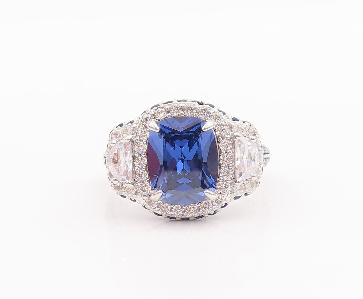 925 Sterling Silver Vintage Ring Designer Blue & White CZ Inlay  Sz 7  RG29594