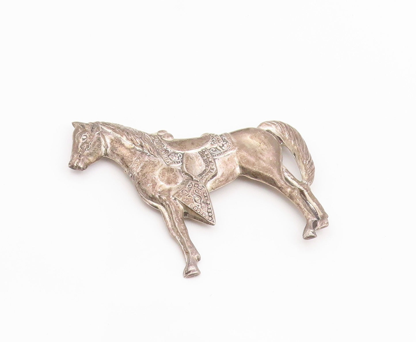 925 Sterling Silver Vintage Brooch Pin Etched Horse With Western Saddle  BP12379
