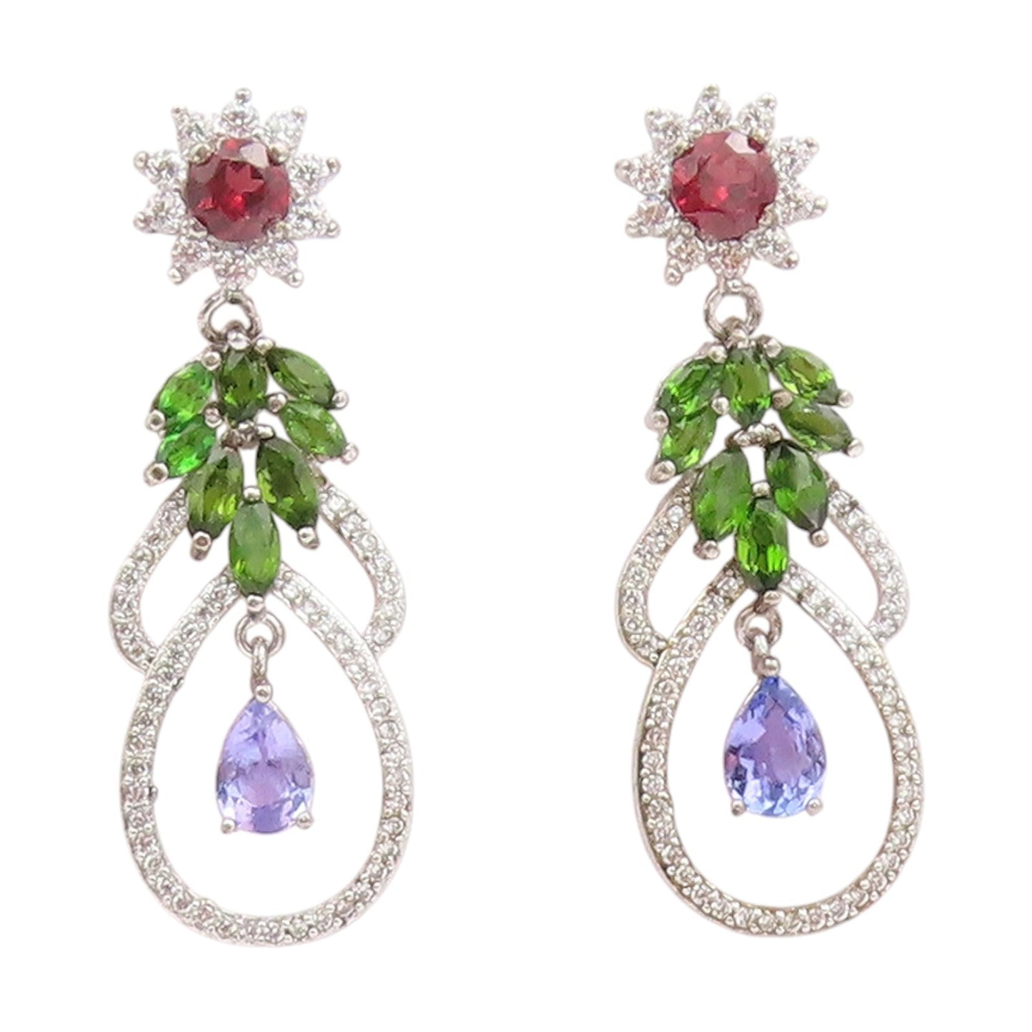 925 Sterling Silver Vintage Earrings Multi Gemstone Floral Leaf Dangle  EG13835