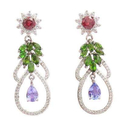 925 Sterling Silver Vintage Earrings Multi Gemstone Floral Leaf Dangle  EG13835