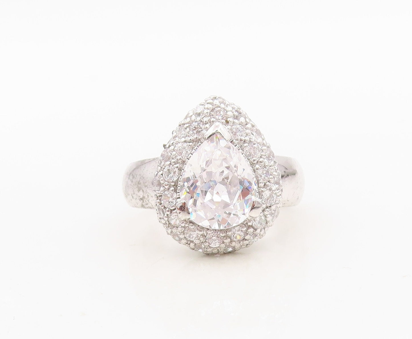 925 Sterling Silver Vintage Ring Drop Cut Halo Round CZ  Sz 7  RG30497