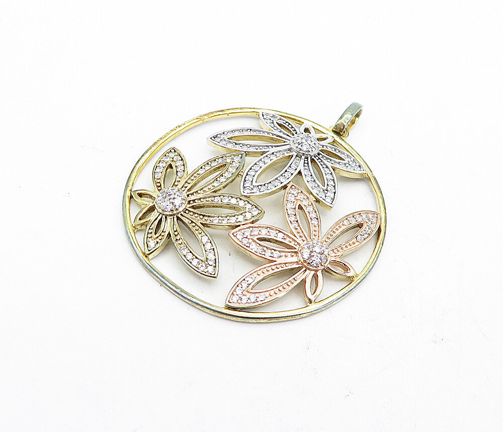 925 Sterling Silver  Topaz Three Tone Open Flowers Design Pendant  PT3804