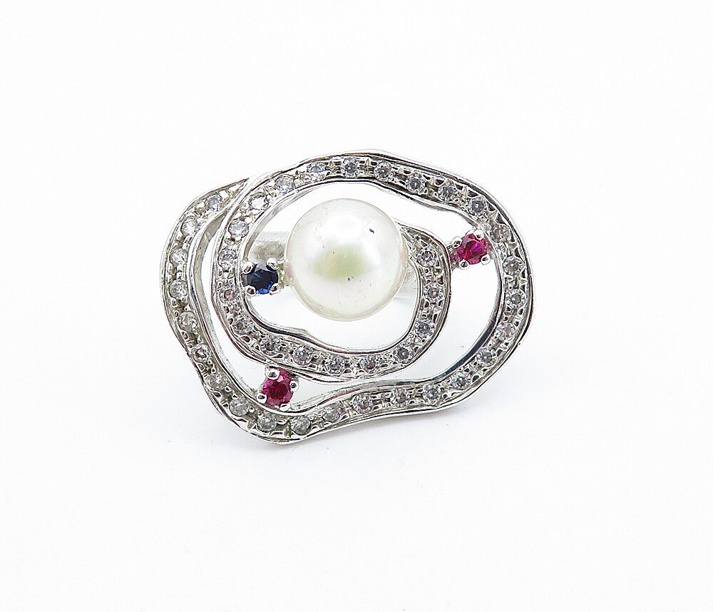 925 Sterling Silver Pearl & Multi Color Topaz Cocktail Ring Sz 7 RG6567