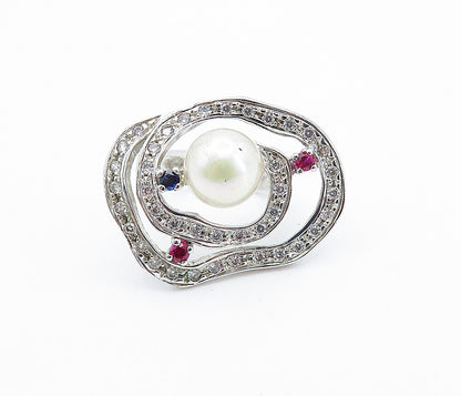 925 Sterling Silver Pearl & Multi Color Topaz Cocktail Ring Sz 7 RG6567