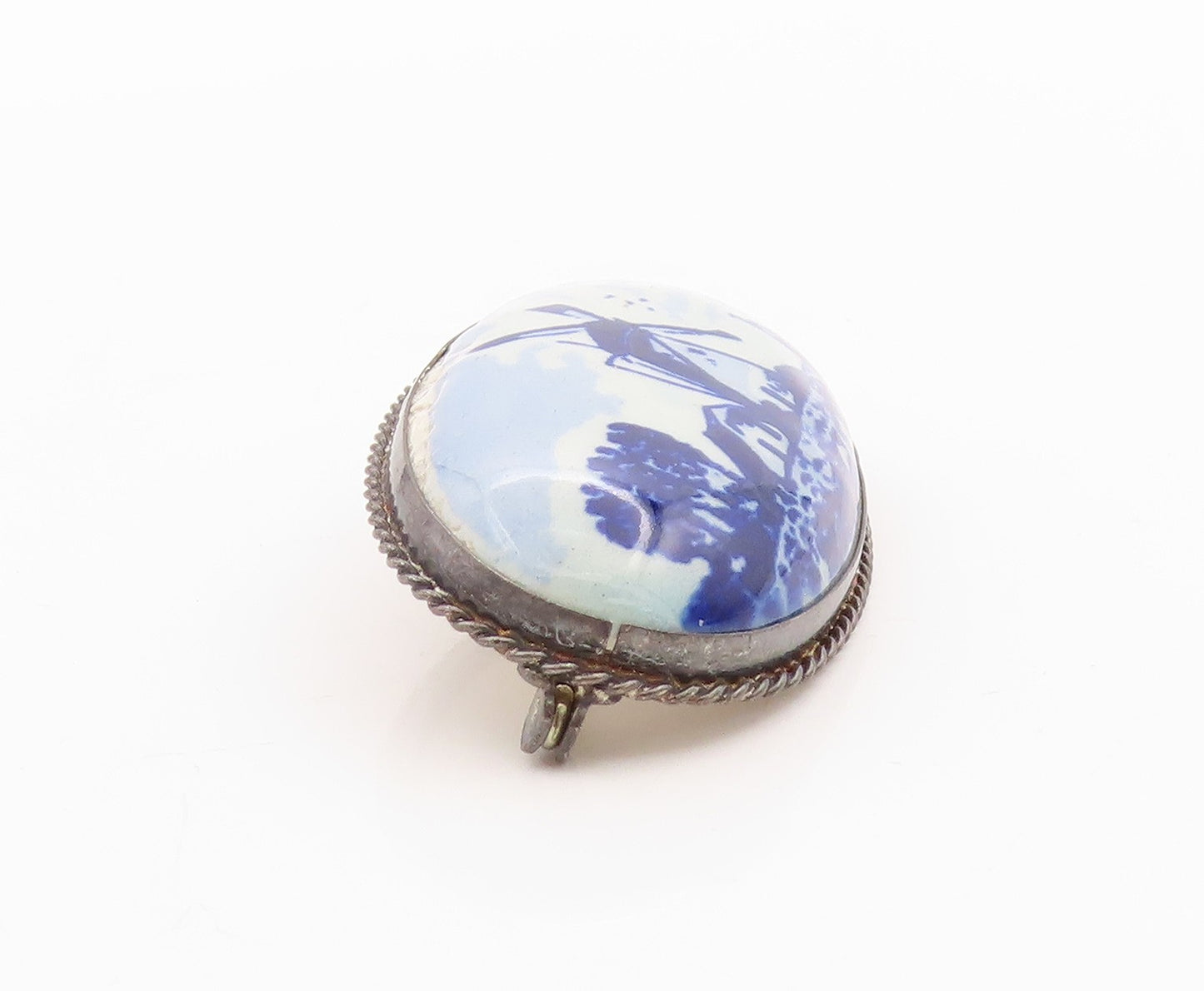 925 Sterling Silver Vintage Brooch Delft Windmill Ceramic Scenery  BP11782