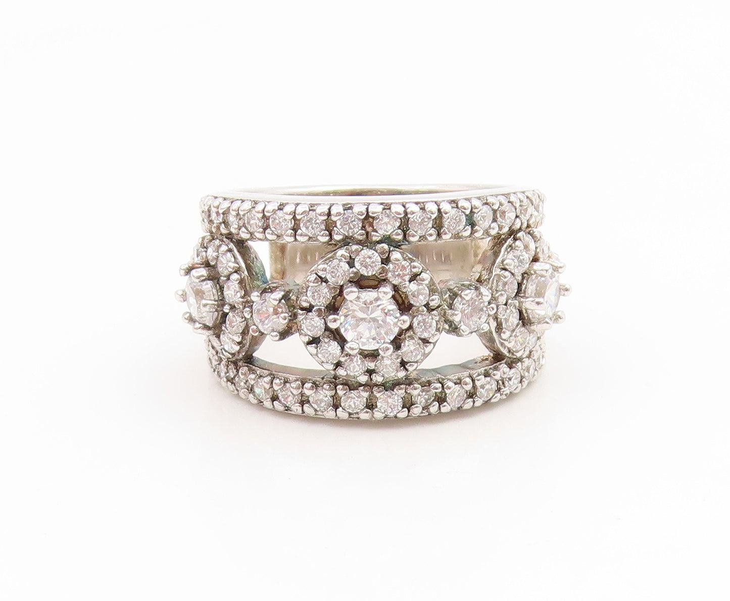 925 Sterling Silver Vintage Ring CZ Halo Circles Openwork Band  Sz 8  RG35148
