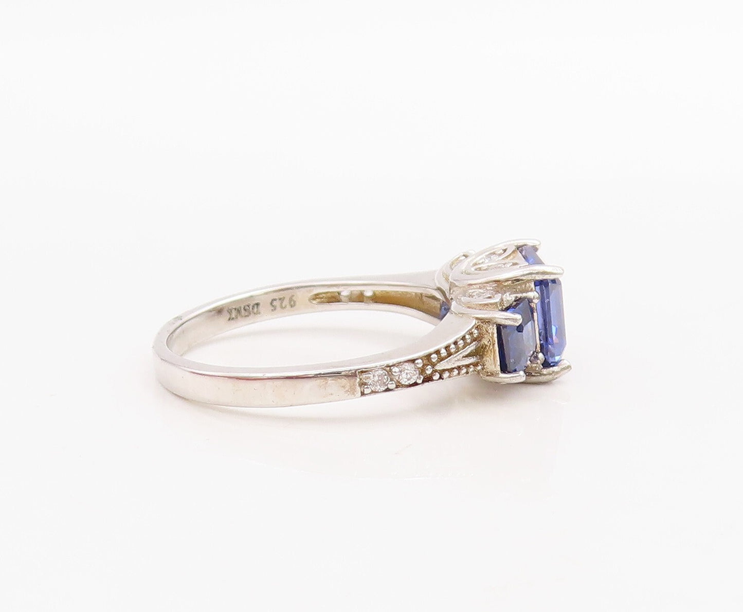 925 Sterling Silver Vintage Ring Stackable Sapphire & CZ Inlay  Sz 7  RG30988