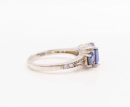 925 Sterling Silver Vintage Ring Stackable Sapphire & CZ Inlay  Sz 7  RG30988
