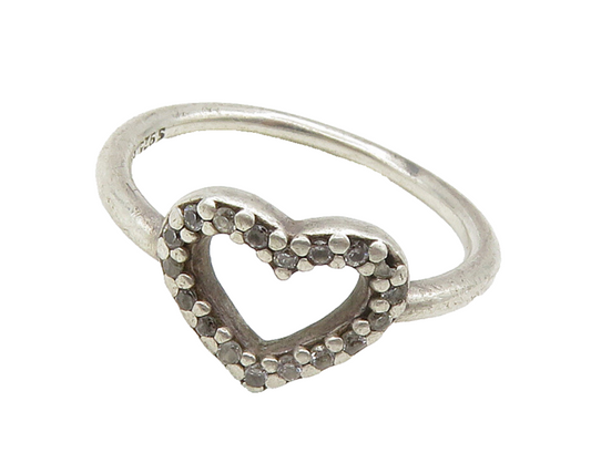 PANDORA 925 Silver  Vintage Topaz Open Love Heart Band Ring Sz 7.5  RG16267