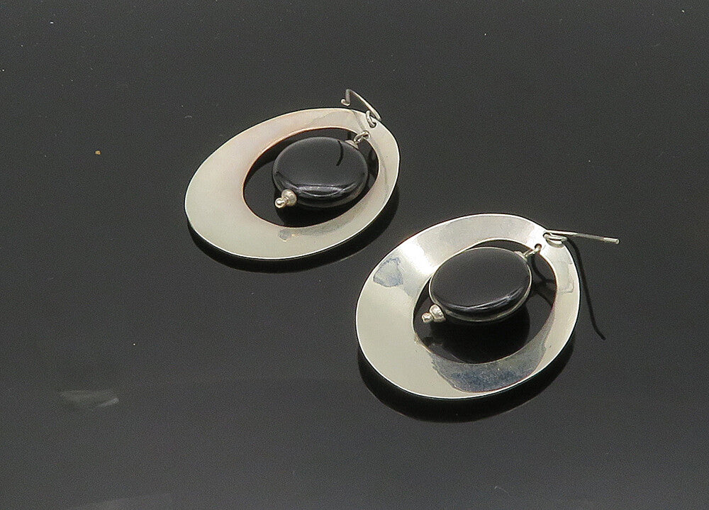 925 Sterling Silver  Vintage Black Onyx Hammered Oval Dangle Earrings  EG10360
