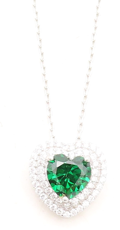 925 Sterling Silver  Green & White Topaz Love Heart Chain Necklace  NE2056
