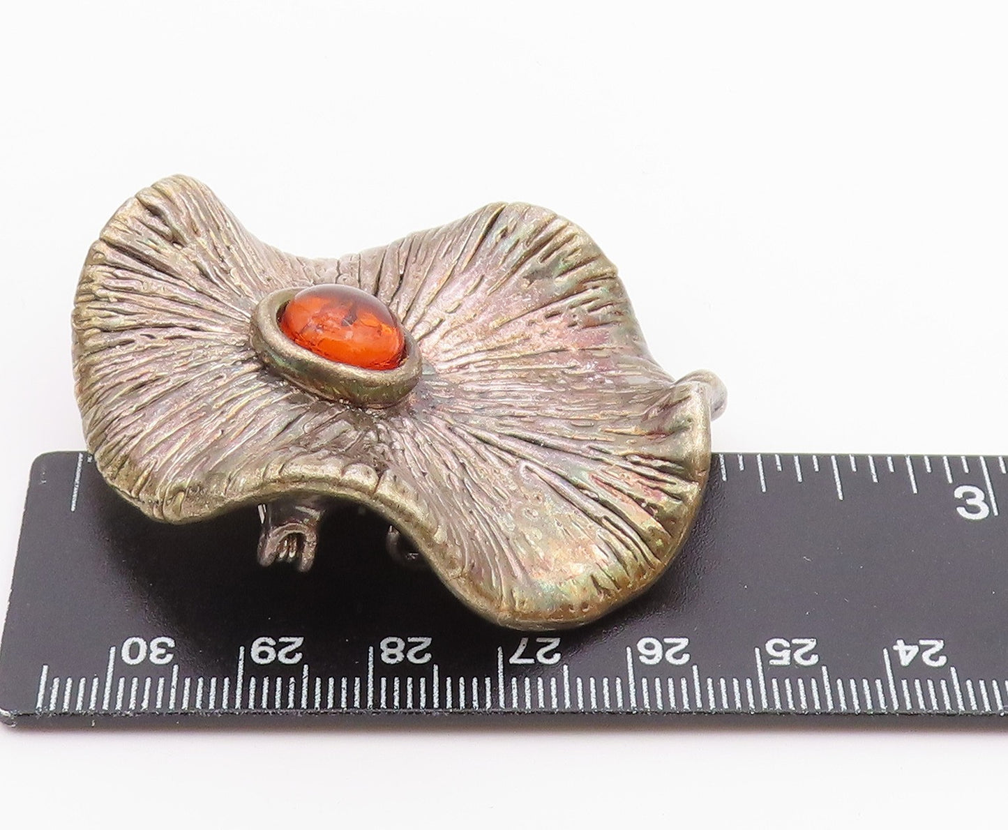 925 Sterling Silver  Vintage Etched Flower Motif Amber Brooch Pin  BP9496