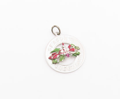 925 Silver  Vintage Enamel & Topaz Seasonal Greetings Medal Pendant  PT20841