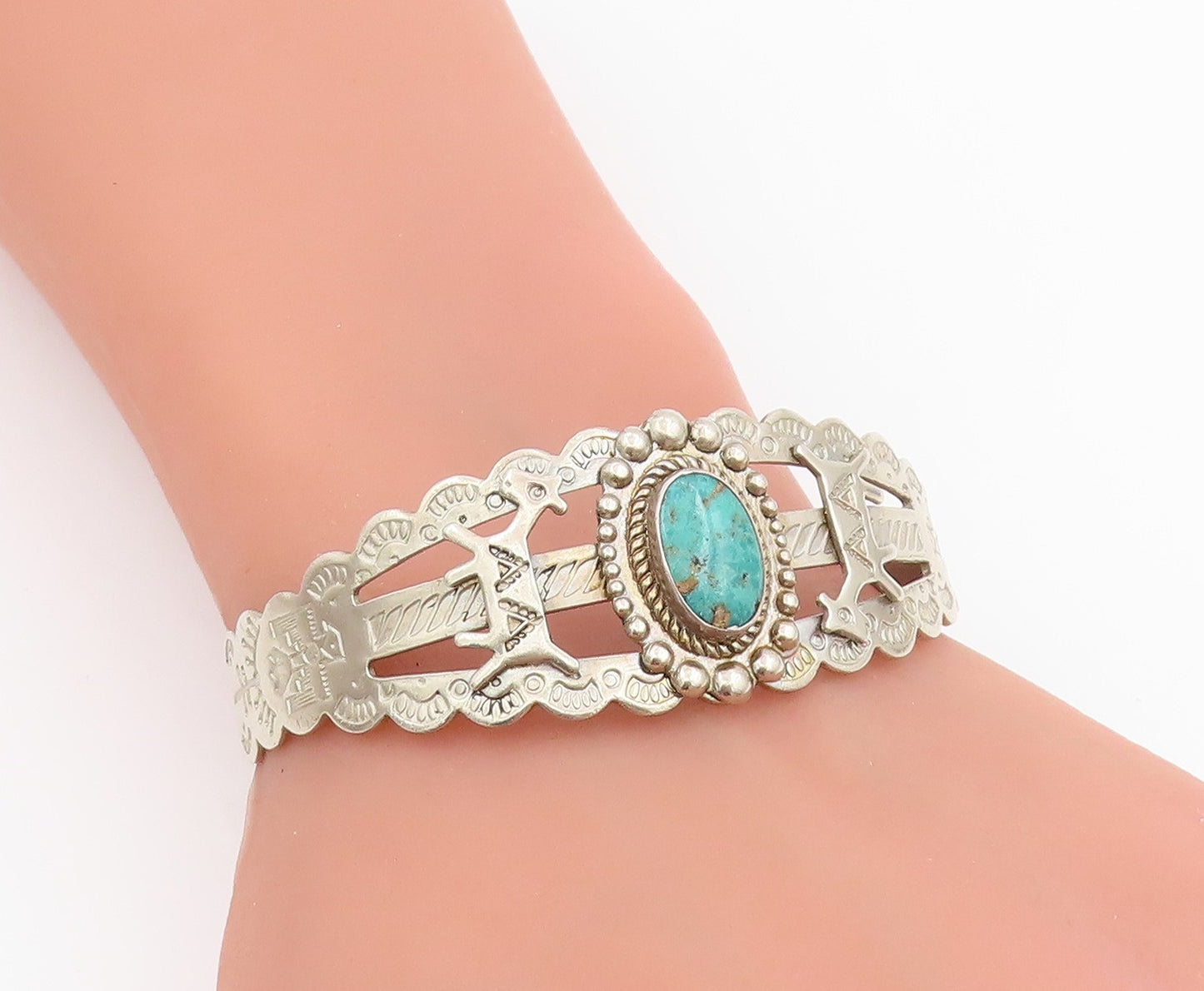 925 Sterling Silver Vintage Bracelet SOUTHWESTERN Cabochon Turquoise BT11496