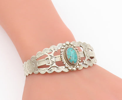 925 Sterling Silver Vintage Bracelet SOUTHWESTERN Cabochon Turquoise BT11496