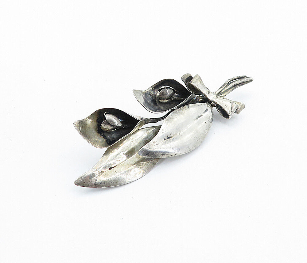 925 Sterling Silver  Vintage Ribbon Bow Tied Flowers Motif Brooch Pin  BP2062