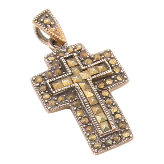 925 Sterling Silver  Vintage Shiny Marcasite Religious Cross Pendant  PT19060