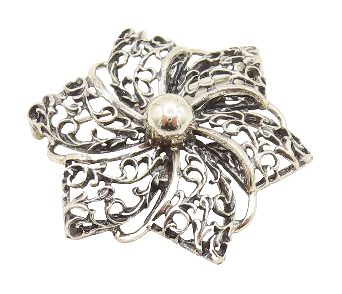 DANECRAFT 925 Silver  Vintage Openwork Flower Pinwheel Brooch Pin  BP10121