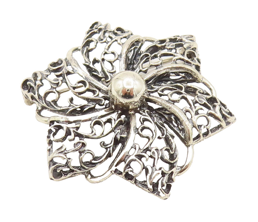 DANECRAFT 925 Silver  Vintage Openwork Flower Pinwheel Brooch Pin  BP10121