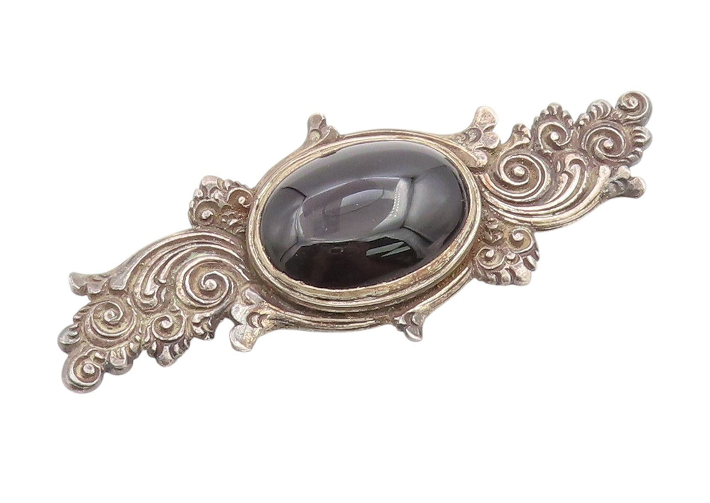 925 Sterling Silver Vintage Brooch Cabochon Onyx Etched Bali Floral Pin  BP12000