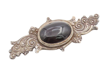 925 Sterling Silver Vintage Brooch Cabochon Onyx Etched Bali Floral Pin  BP12000