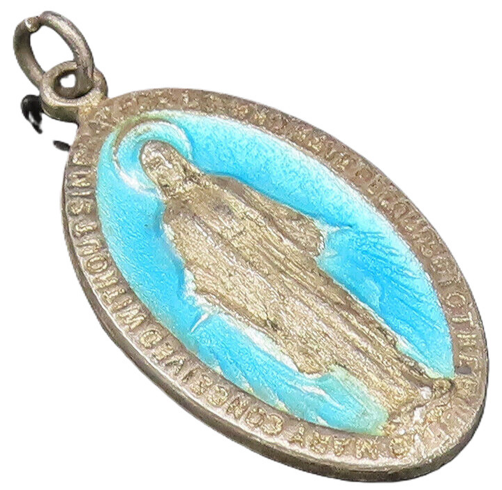 925 Silver  Vintage Antique Enamel Saint Mary Religious Medal Pendant  PT21124