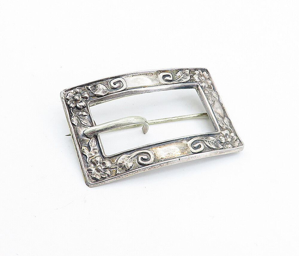 925 Sterling Silver  Vintage Floral Leaf Vine Belt Buckle Brooch Pin  BP2412