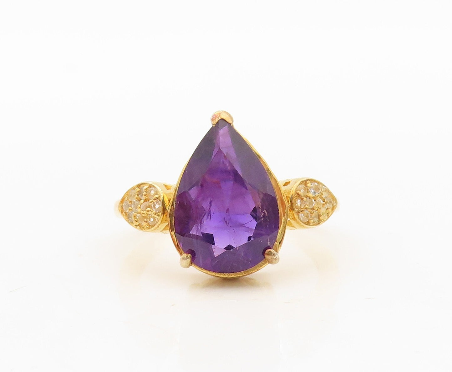 925 Sterling Silver Vintage Ring Gold Plated Drop Cut Amethyst & CZ Sz 8 RG30339