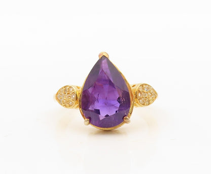 925 Sterling Silver Vintage Ring Gold Plated Drop Cut Amethyst & CZ Sz 8 RG30339
