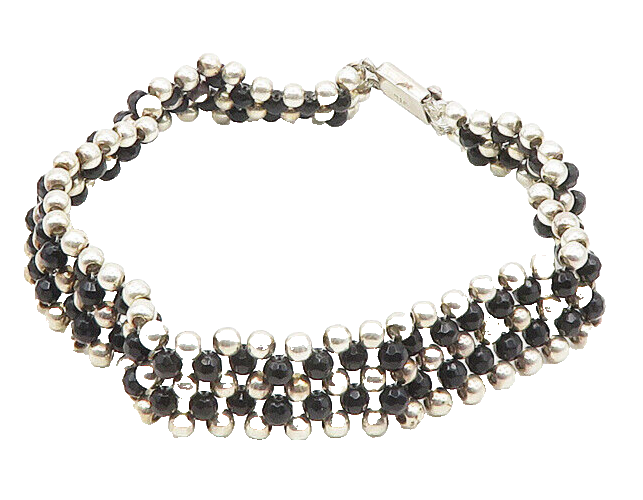 MEXICO 925 Silver  Vintage Heavy Black Hematite Beaded Chain Necklace  NE2948
