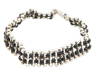 MEXICO 925 Silver  Vintage Heavy Black Hematite Beaded Chain Necklace  NE2948