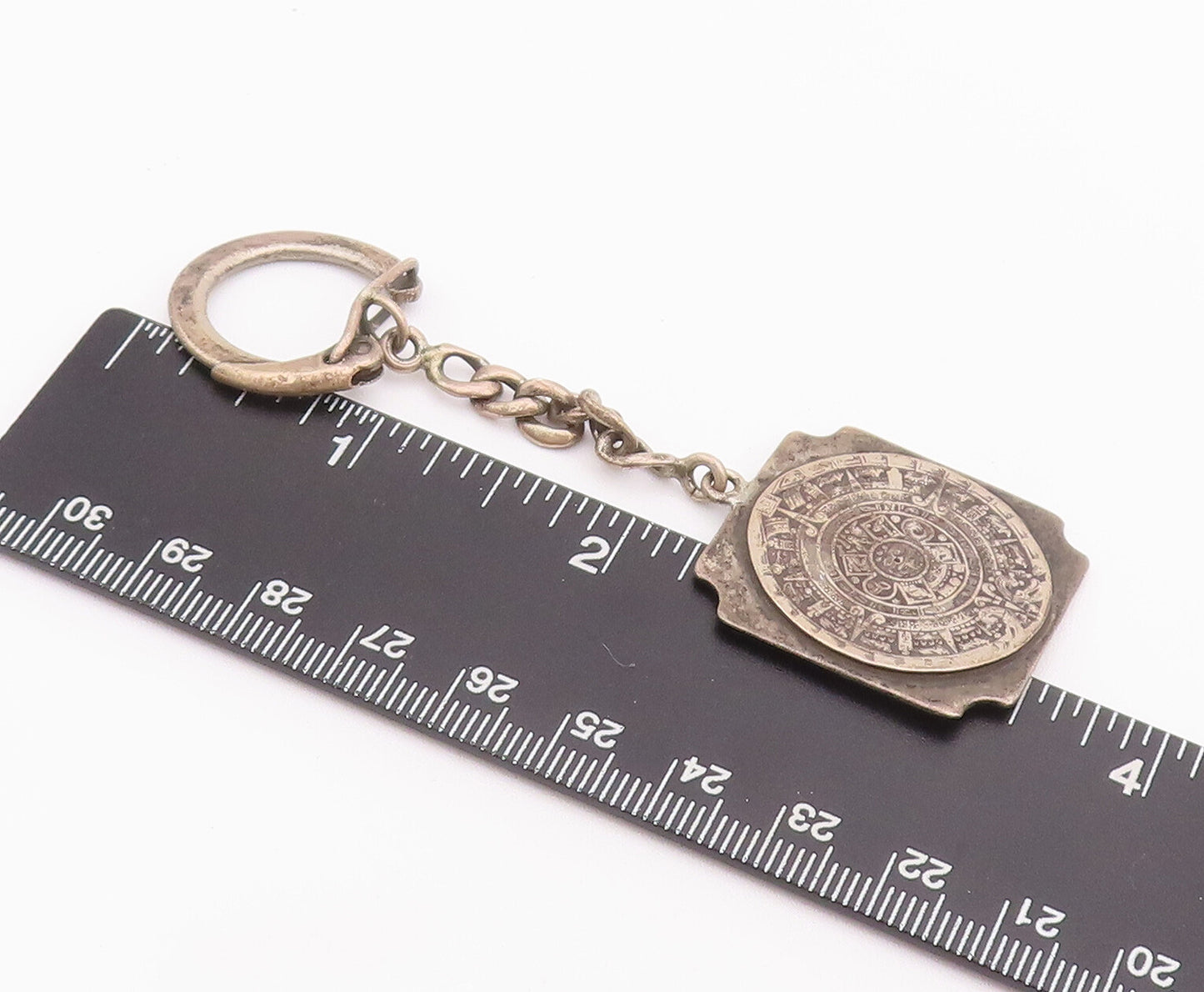 925 Sterling Silver Vintage Key Chain MEXICO Solid Carved Round Calendar  TR3705